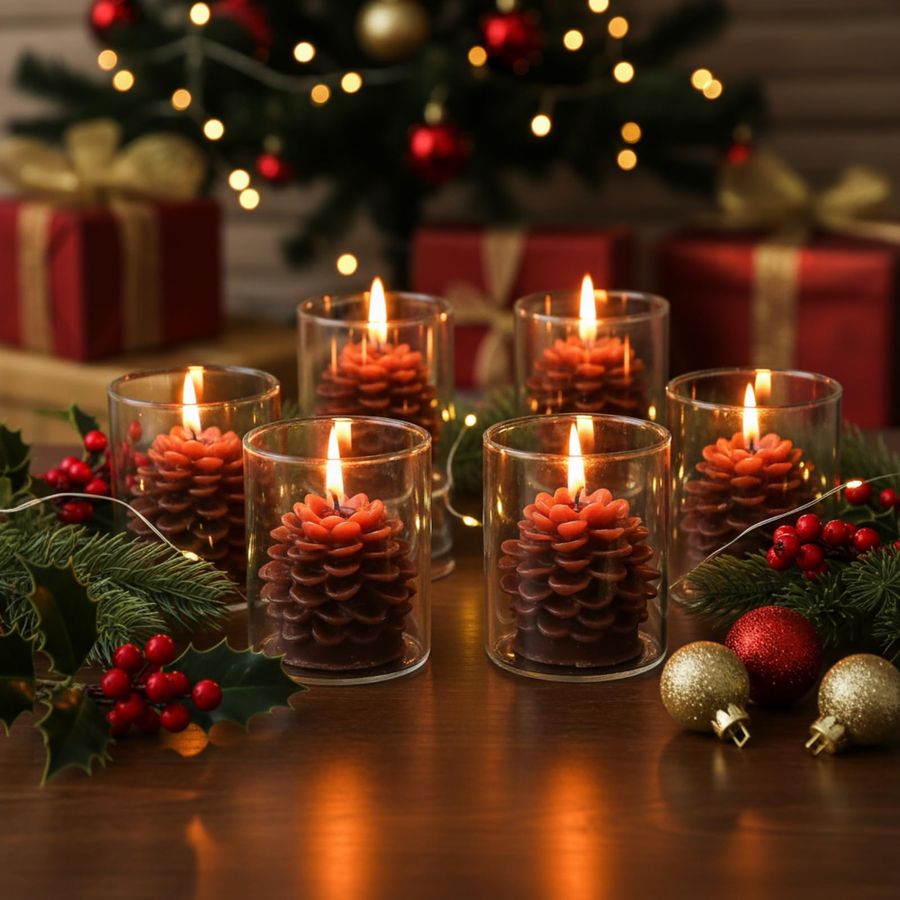 6 Sets Pine Cone Candles Flamm - огляд і ціна Holiday Candle Set